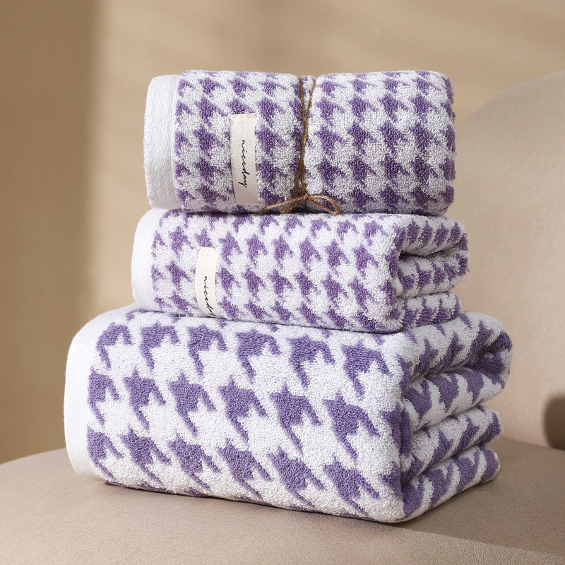 Set ručnika od pamuka s uzorkom houndstooth za kupaonicu i lice, debeli i izuzetno upijajući, 32 vlakna, 500 g+