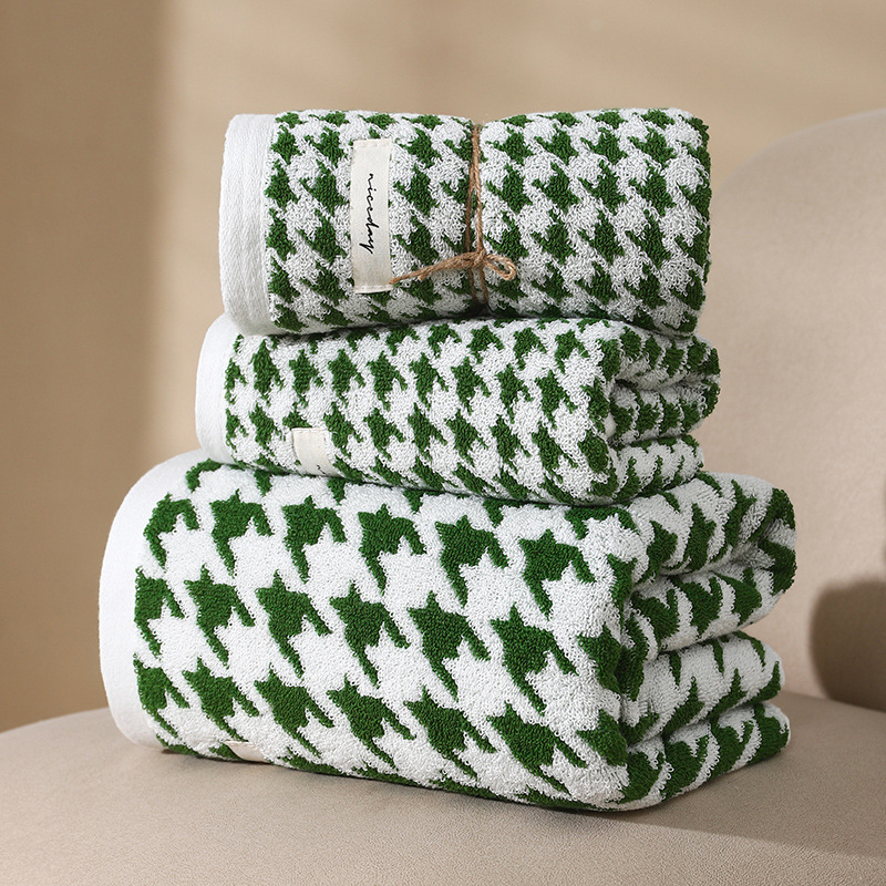 Set ručnika od pamuka s uzorkom houndstooth za kupaonicu i lice, debeli i izuzetno upijajući, 32 vlakna, 500 g+