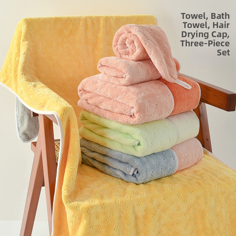 Trojedini set ručnika za kupanje od koralnog flekse, tri komada, s kapom za tuš, 150d, ukupna težina 500 g+, šavovi