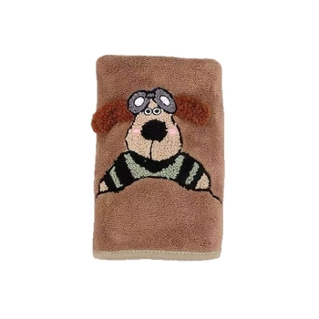 Set de prosoape din fleece coral, moi și absorbante, cu design cu un cățeluș pilot; prosoape de față și de baie, 150d fir, greutate 200 g/m2, broderie și tiv