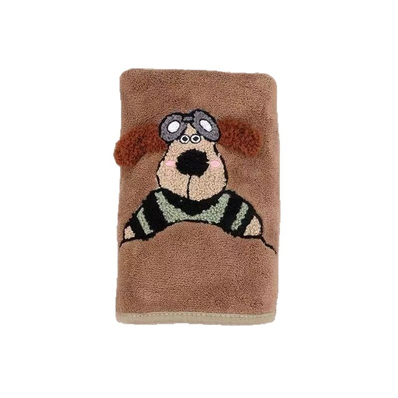 Set de prosoape din fleece coral, moi și absorbante, cu design cu un cățeluș pilot; prosoape de față și de baie, 150d fir, greutate 200 g/m2, broderie și tiv