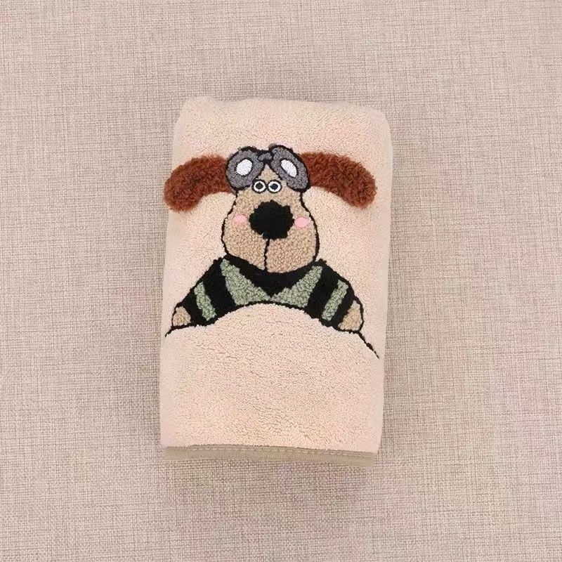 Set de prosoape din fleece coral, moi și absorbante, cu design cu un cățeluș pilot; prosoape de față și de baie, 150d fir, greutate 200 g/m2, broderie și tiv