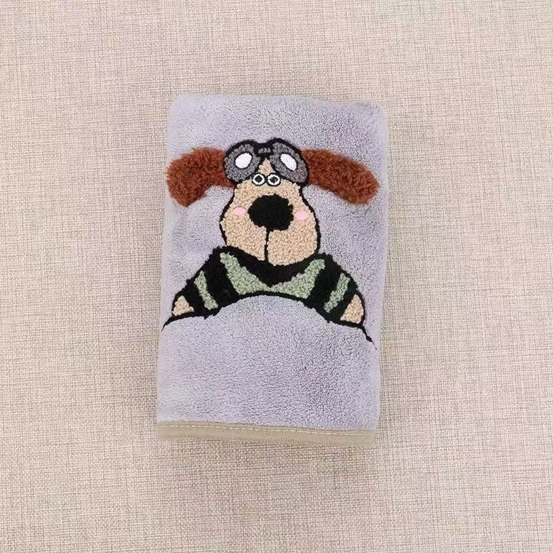 Set de prosoape din fleece coral, moi și absorbante, cu design cu un cățeluș pilot; prosoape de față și de baie, 150d fir, greutate 200 g/m2, broderie și tiv