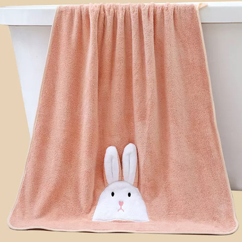 Set de două prosoape de baie cu imprimeu iepuraș: prosoape pentru corp și față, fleece coral, 150D, 350 g, tricot simplu, seria Rabbit, stil drăguț