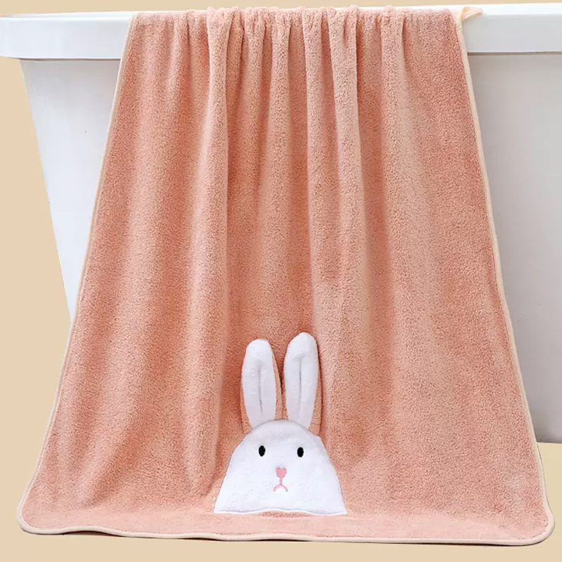 Set de două prosoape de baie cu imprimeu iepuraș: prosoape pentru corp și față, fleece coral, 150D, 350 g, tricot simplu, seria Rabbit, stil drăguț