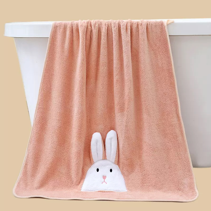 Set de două prosoape de baie cu imprimeu iepuraș: prosoape pentru corp și față, fleece coral, 150D, 350 g, tricot simplu, seria Rabbit, stil drăguț