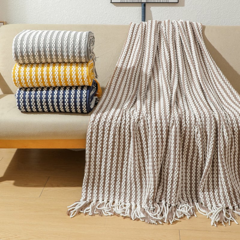 Χειροποίητη πλεκτή ριχτάρα από ακρυλικό νήμα, ριγέ σχέδιο, βάρος 800-999 g, πρώτη ποιότητα, κατάλληλη για όλες τις εποχές, μάρκα Dooli