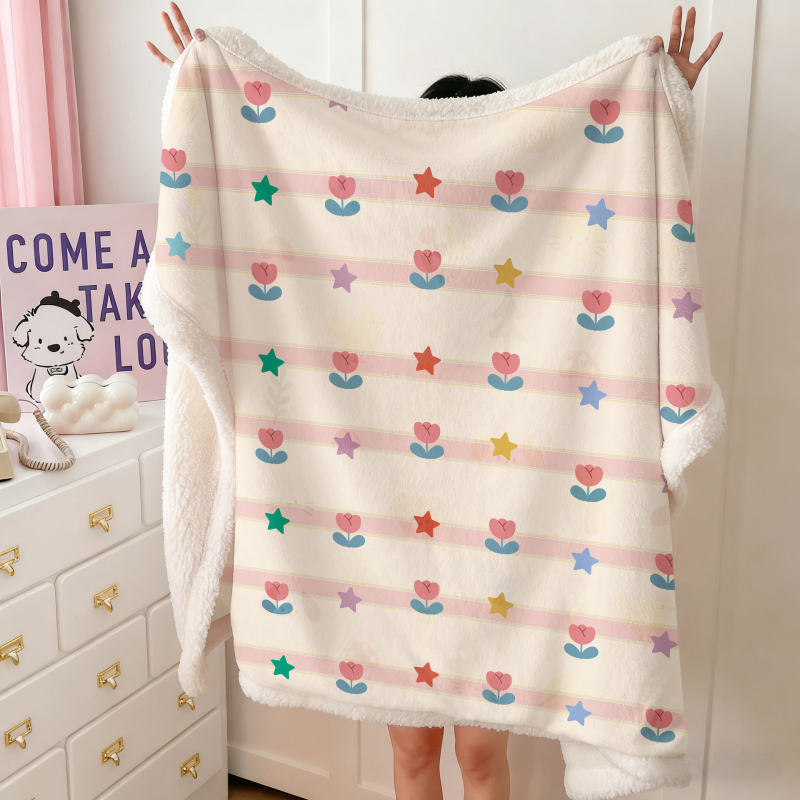 Двоен слой одеяло от млечен велур и агнешка вълна, с ивици, тегло 300–499 г, подходящо за всички сезони