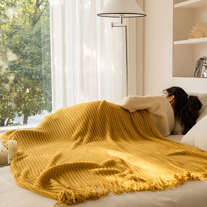 Плетено одеяло с ресни, акрил, 500–799 г, INS стил, декоративно за диван