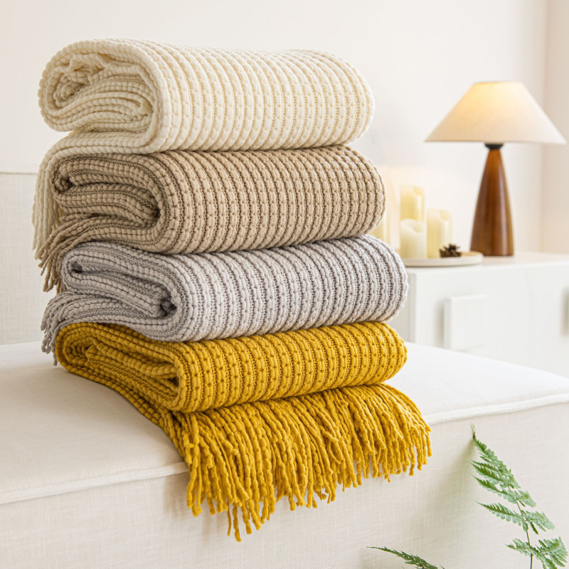 Плетено одеяло с ресни, акрил, 500–799 г, INS стил, декоративно за диван