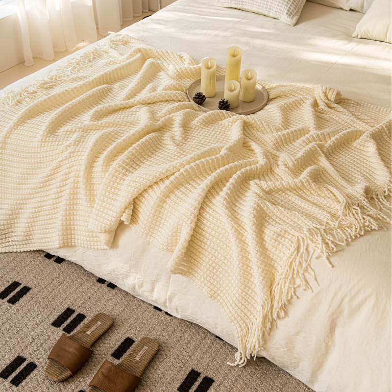 Плетено одеяло с ресни, акрил, 500–799 г, INS стил, декоративно за диван