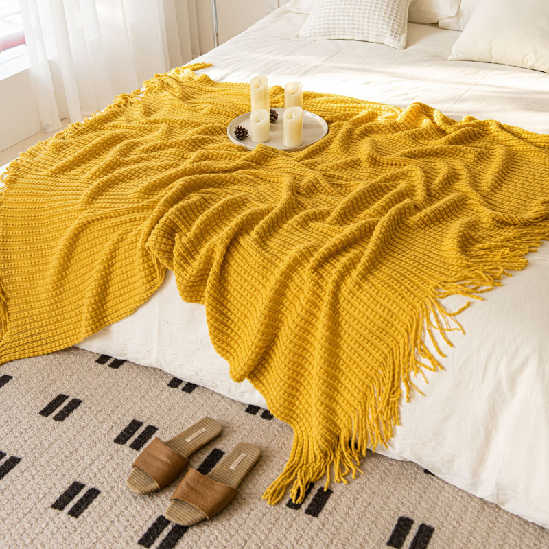 Плетено одеяло с ресни, акрил, 500–799 г, INS стил, декоративно за диван