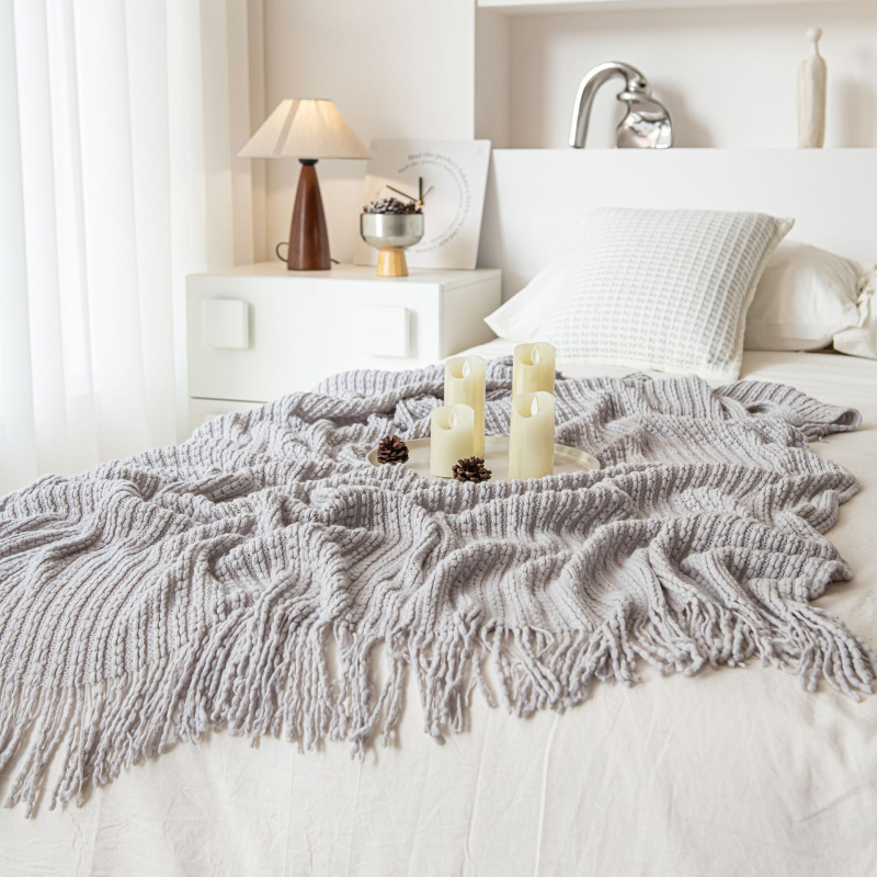 Плетено одеяло с ресни, акрил, 500–799 г, INS стил, декоративно за диван