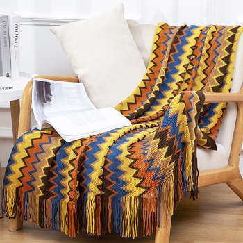 Deka u skandinavskom boho stilu, pleteni pled od akrilnih vlakana, 500-799 g, prugasti uzorak, pogodna za sve sezone, kvaliteta prvog reda