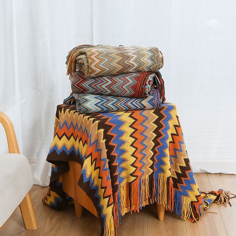 Deka u skandinavskom boho stilu, pleteni pled od akrilnih vlakana, 500-799 g, prugasti uzorak, pogodna za sve sezone, kvaliteta prvog reda