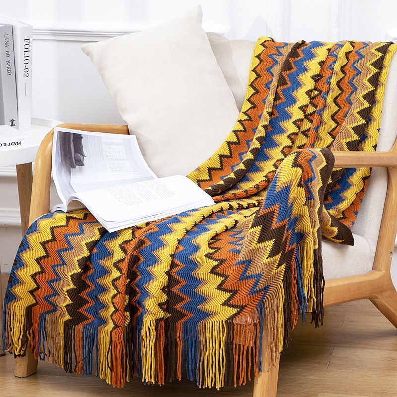 Deka u skandinavskom boho stilu, pleteni pled od akrilnih vlakana, 500-799 g, prugasti uzorak, pogodna za sve sezone, kvaliteta prvog reda