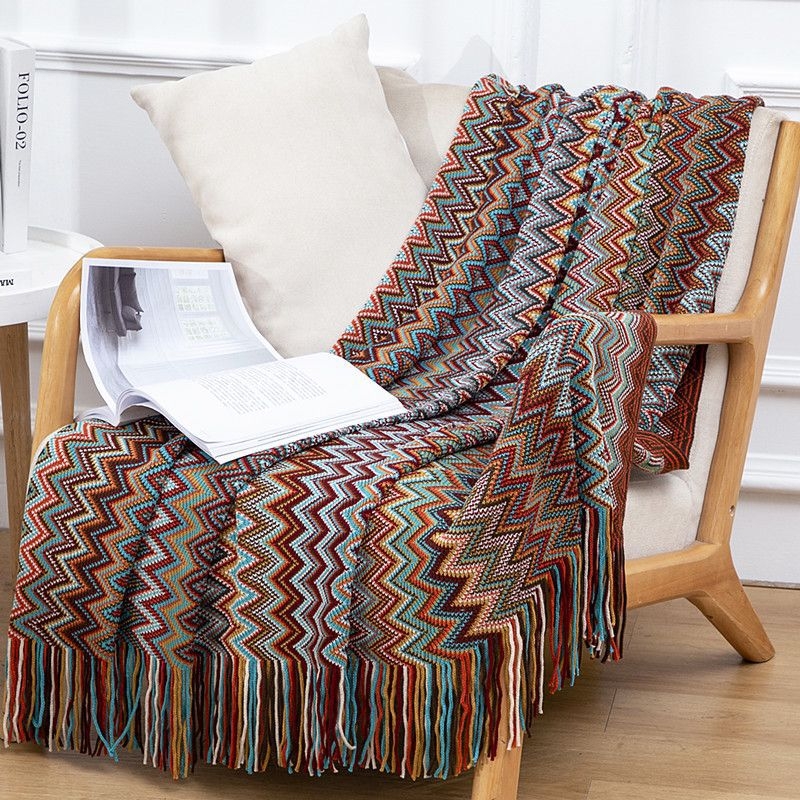 Deka u skandinavskom boho stilu, pleteni pled od akrilnih vlakana, 500-799 g, prugasti uzorak, pogodna za sve sezone, kvaliteta prvog reda