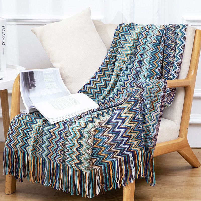 Deka u skandinavskom boho stilu, pleteni pled od akrilnih vlakana, 500-799 g, prugasti uzorak, pogodna za sve sezone, kvaliteta prvog reda
