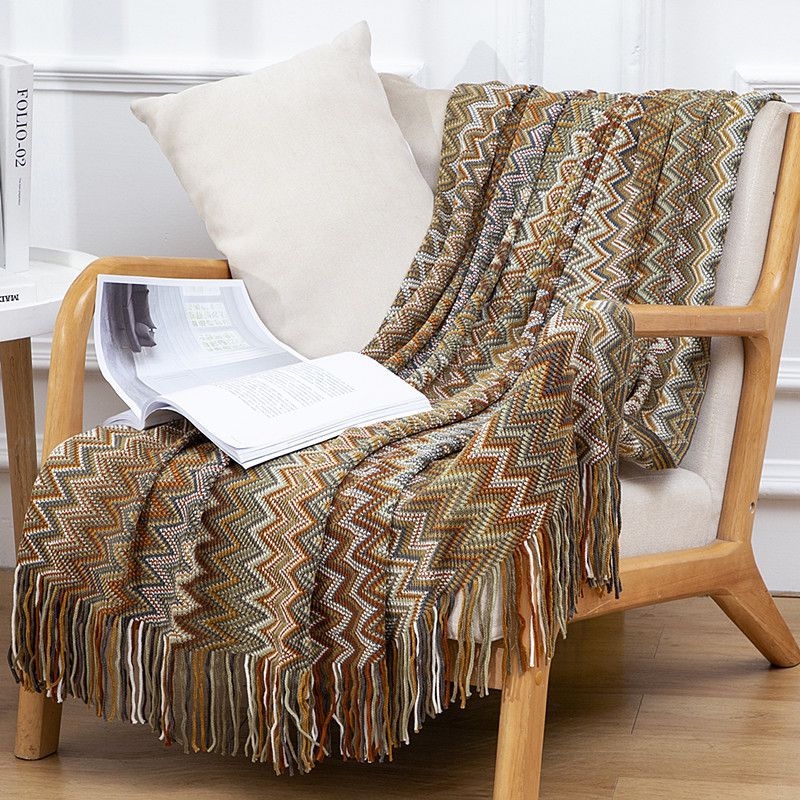 Deka u skandinavskom boho stilu, pleteni pled od akrilnih vlakana, 500-799 g, prugasti uzorak, pogodna za sve sezone, kvaliteta prvog reda