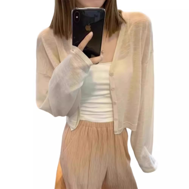 Дамски тънък кардиган от вискоза и полиестер, стил мини жилетка, дълги ръкави, кръгло деколте