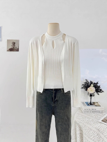 Ženski kardigan od Core Yarn vlakana, poliester, slobodan kroj, dugi rukavi, bez ovratnika, kratka duljina 40-50 cm, stil kardigana, minimalistički dizajn, japansko-korejski casual stil, zima 2025