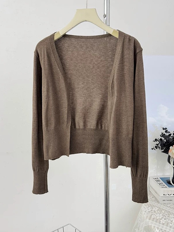 Ženski kardigan od Core Yarn vlakana, poliester, slobodan kroj, dugi rukavi, bez ovratnika, kratka duljina 40-50 cm, stil kardigana, minimalistički dizajn, japansko-korejski casual stil, zima 2025