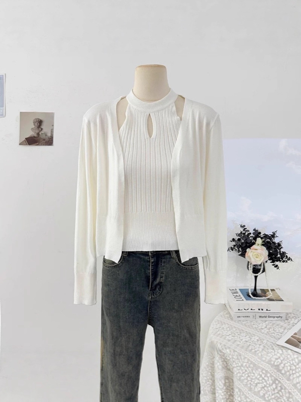 Ženski kardigan od Core Yarn vlakana, poliester, slobodan kroj, dugi rukavi, bez ovratnika, kratka duljina 40-50 cm, stil kardigana, minimalistički dizajn, japansko-korejski casual stil, zima 2025