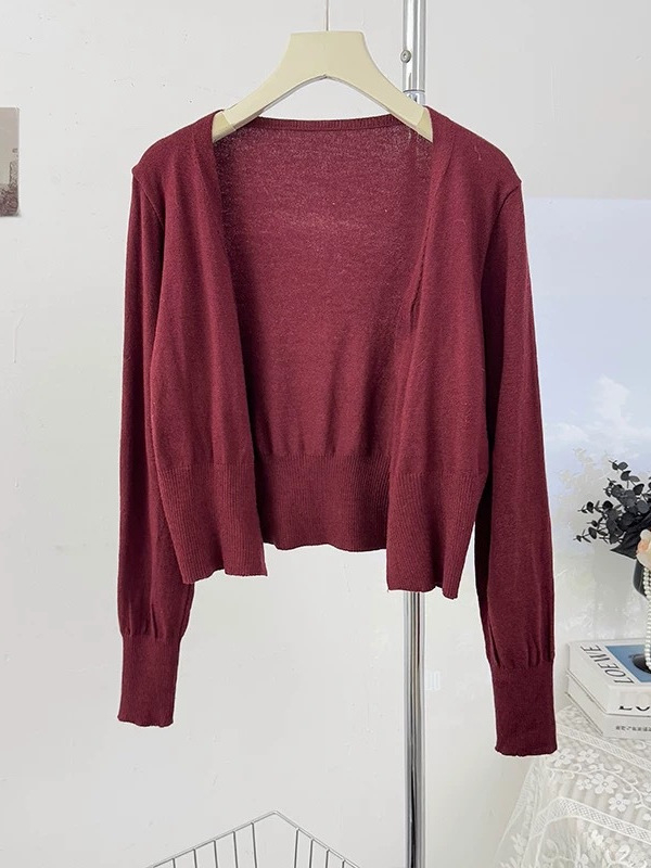 Ženski kardigan od Core Yarn vlakana, poliester, slobodan kroj, dugi rukavi, bez ovratnika, kratka duljina 40-50 cm, stil kardigana, minimalistički dizajn, japansko-korejski casual stil, zima 2025