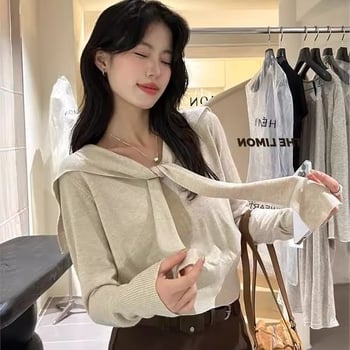 Pletena bluza s kapuljom, dugi rukavi, ležernog kroja (materijal: viskoza i poliester; tanki materijal; duljina: 50–65 cm; stil: japansko-korejski ležerni)