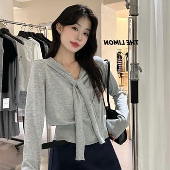 Pletena bluza s kapuljom, dugi rukavi, ležernog kroja (materijal: viskoza i poliester; tanki materijal; duljina: 50–65 cm; stil: japansko-korejski ležerni)
