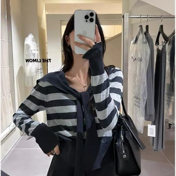 Pletena bluza s kapuljom, dugi rukavi, ležernog kroja (materijal: viskoza i poliester; tanki materijal; duljina: 50–65 cm; stil: japansko-korejski ležerni)