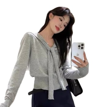 Pletena bluza s kapuljom, dugi rukavi, ležernog kroja (materijal: viskoza i poliester; tanki materijal; duljina: 50–65 cm; stil: japansko-korejski ležerni)