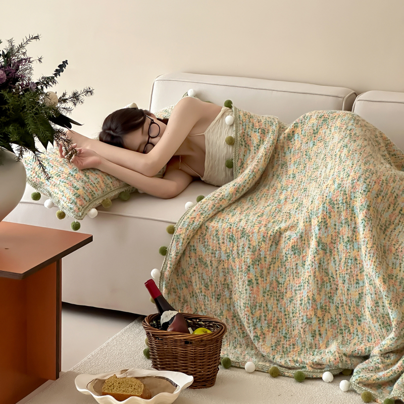 Zimska deka s duhovitim pomponima, toplo pletivo s bisernim točkama, pogodna za uredski odmor i kućnu upotrebu