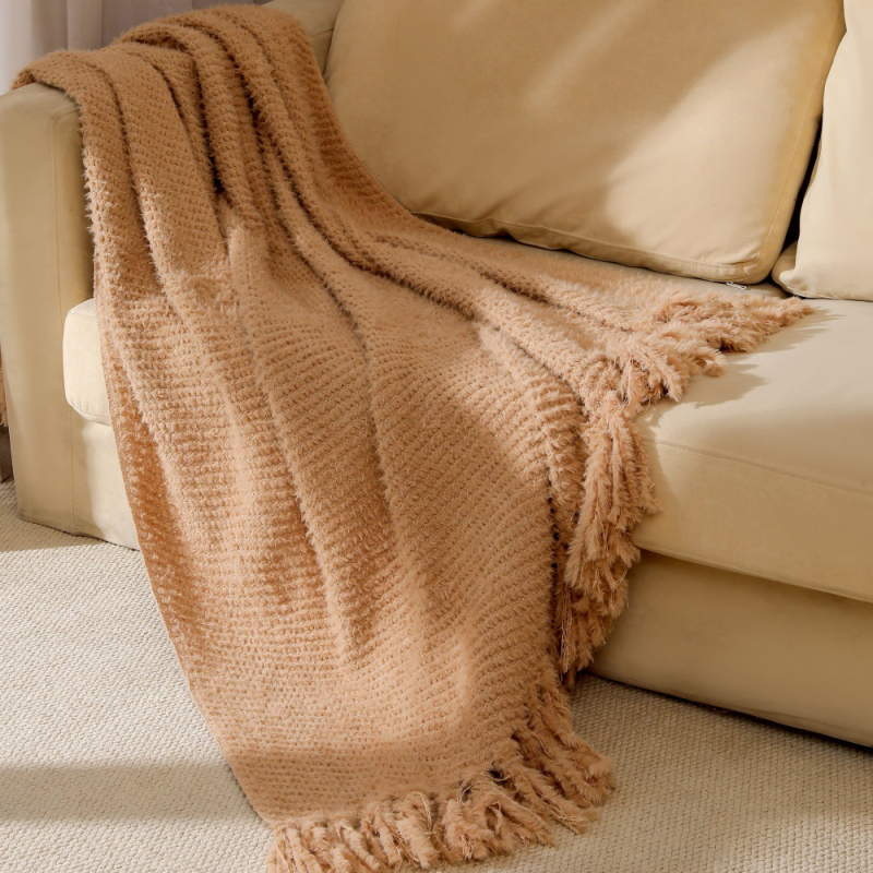 Jednobojna nordijska pletena deka za bacanje – dekorativna pliš deka za kauč, sve sezone, poliester