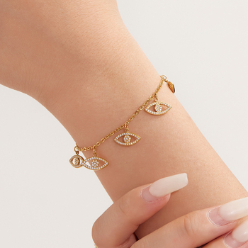 Женска гривна с множество висулки, мотив злоокото око, неръждаема стомана, позлата 18K, кристални акценти