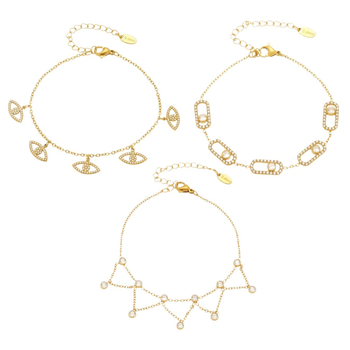 Женска гривна с множество висулки, мотив злоокото око, неръждаема стомана, позлата 18K, кристални акценти