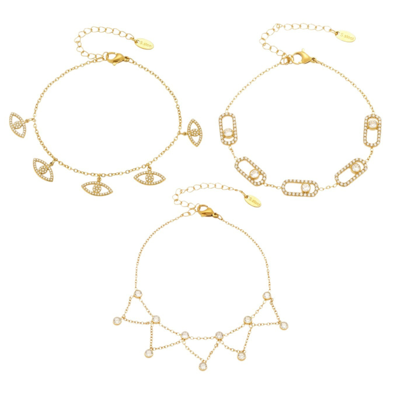 Женска гривна с множество висулки, мотив злоокото око, неръждаема стомана, позлата 18K, кристални акценти