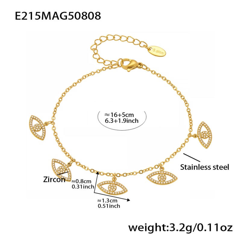 Женска гривна с множество висулки, мотив злоокото око, неръждаема стомана, позлата 18K, кристални акценти
