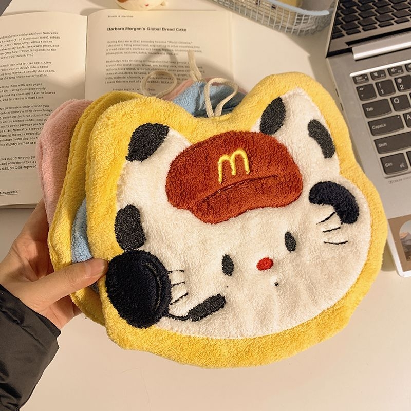 Ručni ručnik s motivom mačke, viseći kuhinjski dizajn, koralni flis, izvezeno prilagođavanje, 120D pređa