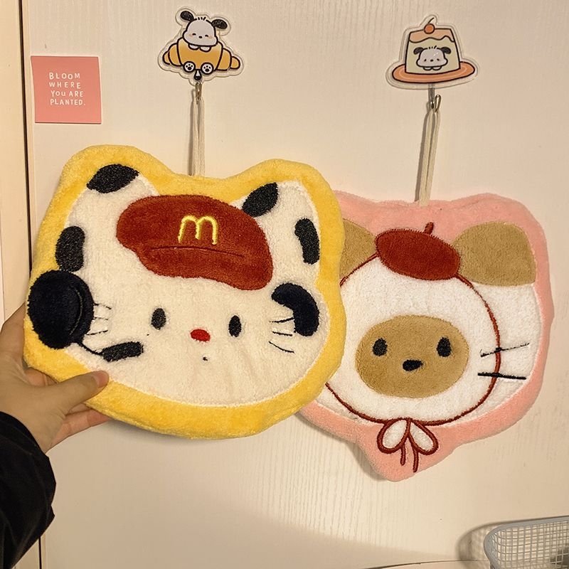 Ručni ručnik s motivom mačke, viseći kuhinjski dizajn, koralni flis, izvezeno prilagođavanje, 120D pređa