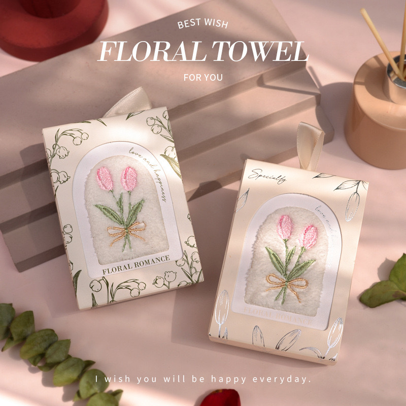 Tulipāna izšūta sejas dvielis kāzu dāvanā kastē, mikrošķiedra