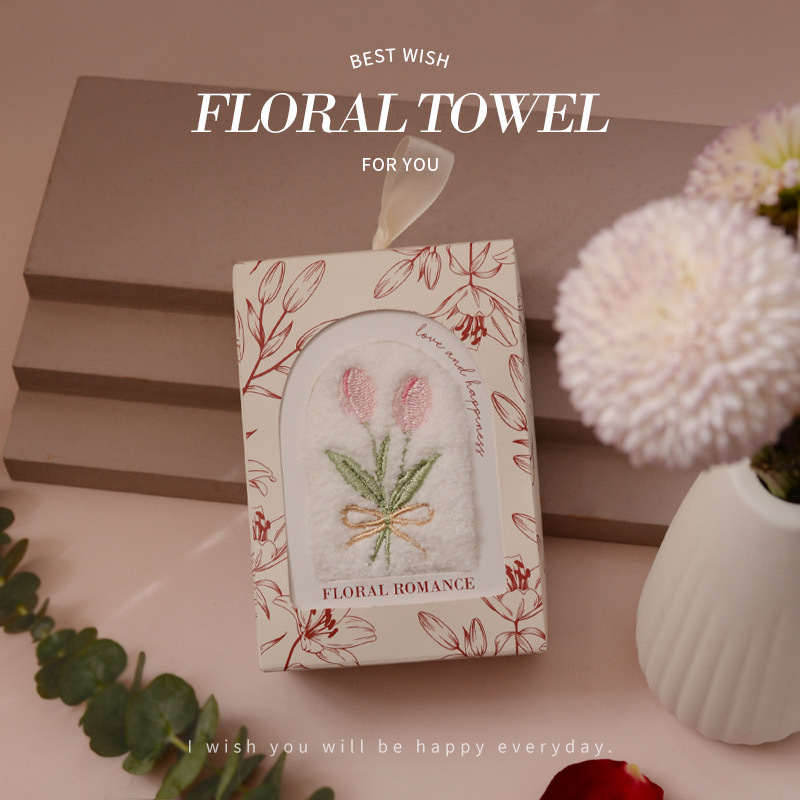 Tulipāna izšūta sejas dvielis kāzu dāvanā kastē, mikrošķiedra