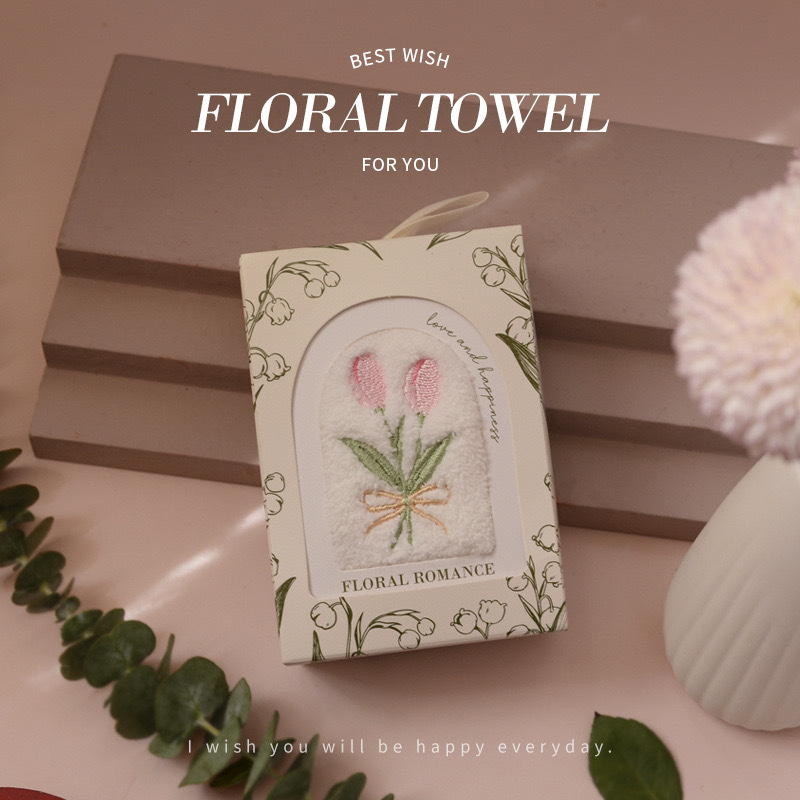 Tulipāna izšūta sejas dvielis kāzu dāvanā kastē, mikrošķiedra