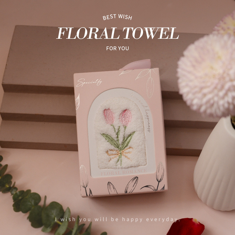 Tulipāna izšūta sejas dvielis kāzu dāvanā kastē, mikrošķiedra