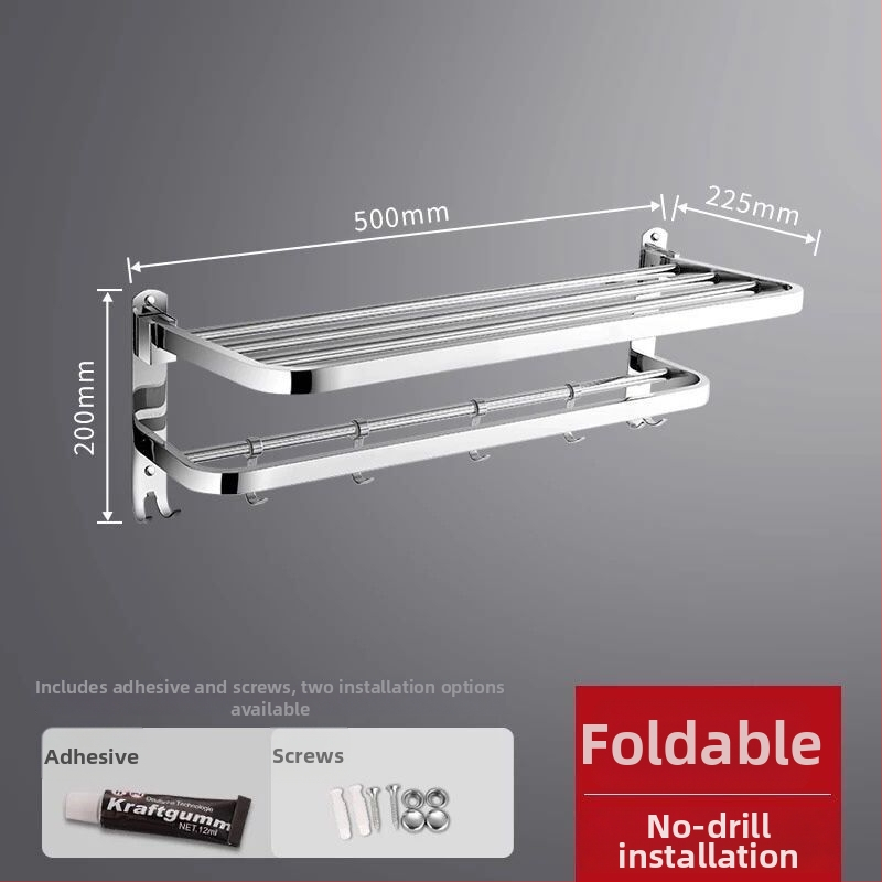 Vienslāņu dvieļu plaukts vannas istabai, nerūsējošais tērauds 304, sienas piestiprināšana, bez urbuma