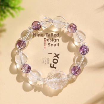 Гривна с мъниста от кристали за жени – ръчно изработена, стил натурален, деветопашат лис; материали: бял кристал, аметист, пренит, розов кварц, аквамарин