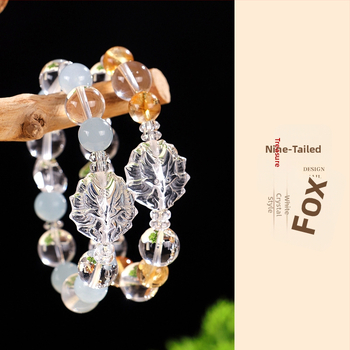 Гривна с мъниста от кристали за жени – ръчно изработена, стил натурален, деветопашат лис; материали: бял кристал, аметист, пренит, розов кварц, аквамарин