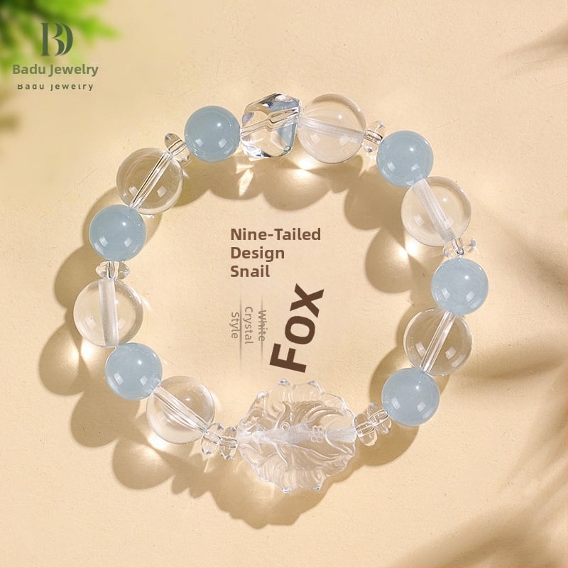 Гривна с мъниста от кристали за жени – ръчно изработена, стил натурален, деветопашат лис; материали: бял кристал, аметист, пренит, розов кварц, аквамарин