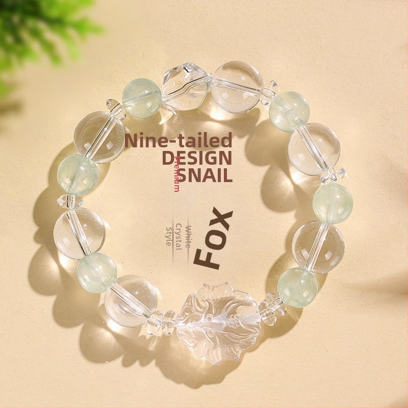 Гривна с мъниста от кристали за жени – ръчно изработена, стил натурален, деветопашат лис; материали: бял кристал, аметист, пренит, розов кварц, аквамарин