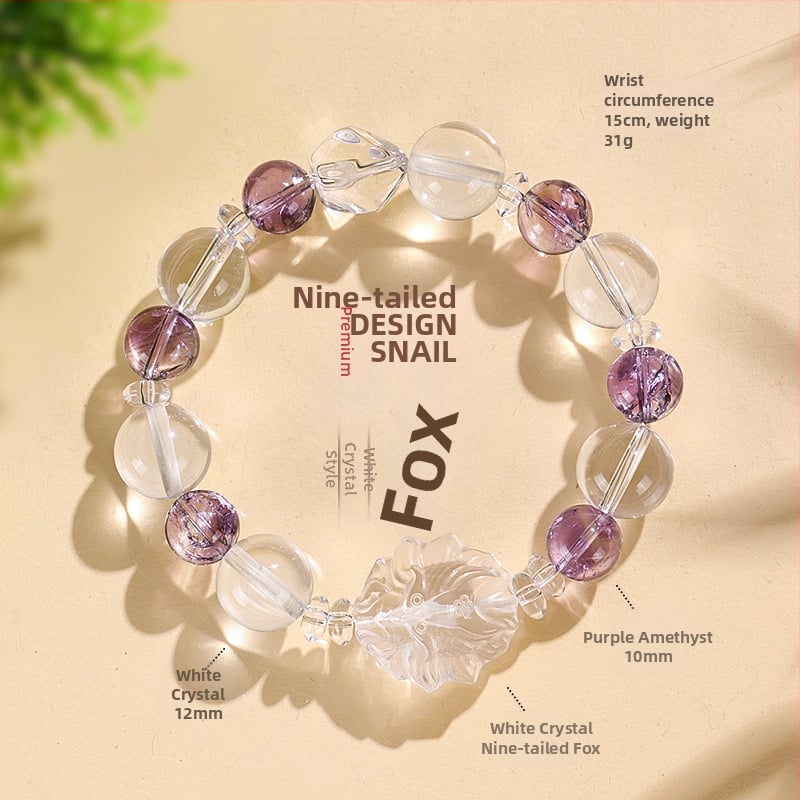 Гривна с мъниста от кристали за жени – ръчно изработена, стил натурален, деветопашат лис; материали: бял кристал, аметист, пренит, розов кварц, аквамарин